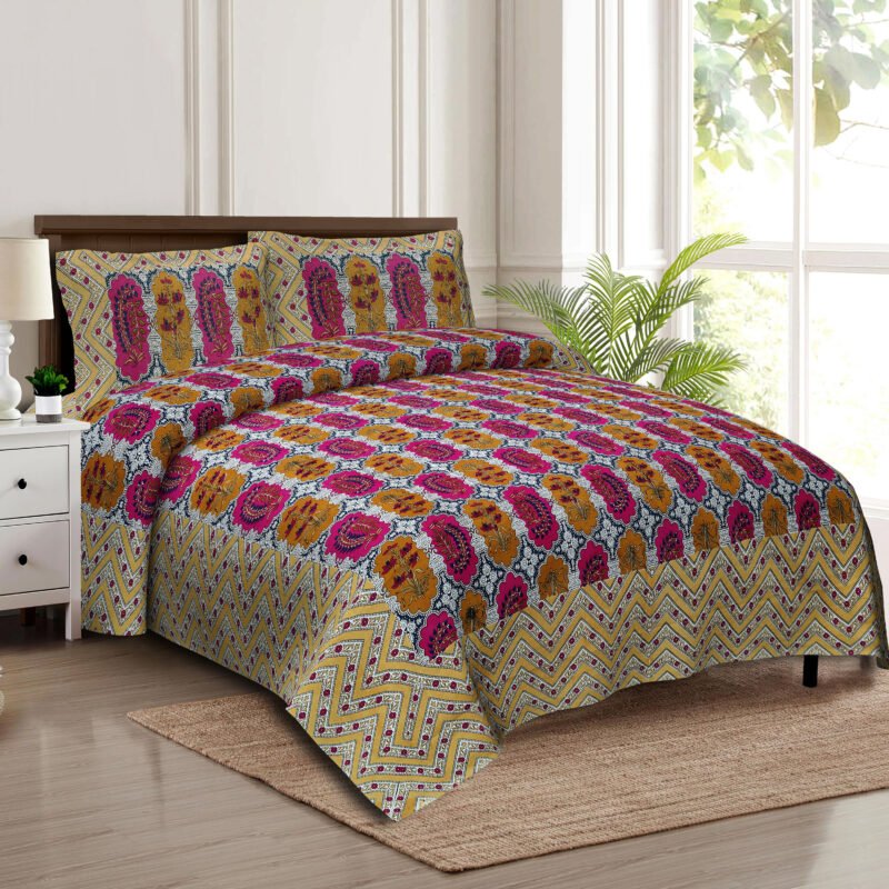 Jaipuri leaf Printed Cotton Double bedsheet ( Khaki)