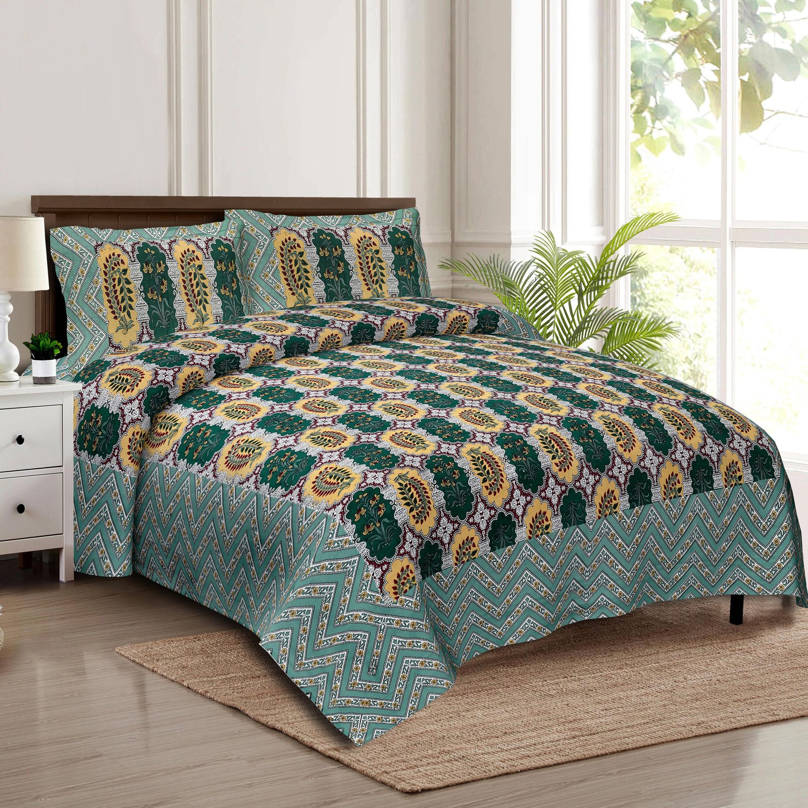 Jaipuri leaf Printed Cotton Double bedsheet ( Khaki)